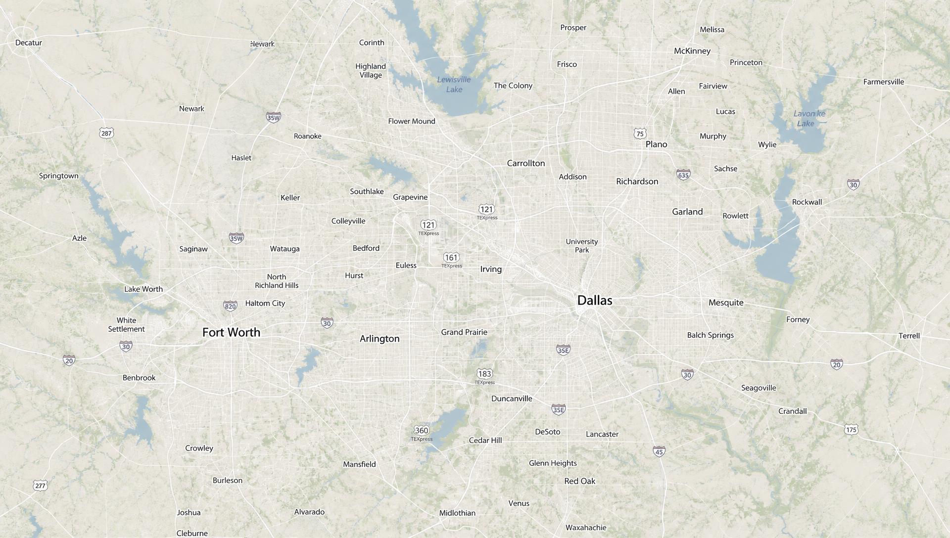 Map of Dallas-Fort Worth showing the Outdoor Living With Love service area